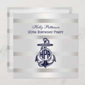 Blaue Ankersilber, weißes Navy Circle Monogram 33 Einladung (Vorne/Hinten)