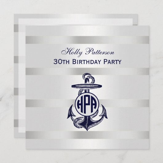 Blaue Ankersilber, weißes Navy Circle Monogram 33 Einladung (Vorne/Hinten)