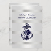 Blaue Ankersilber, weißes Navy Circle Monogram 33 Einladung (Vorne/Hinten)