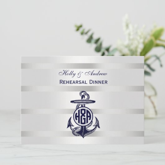 Blaue Ankersilber, weißes Navy Circle Monogram 33 Einladung (Stehend Vorderseite)