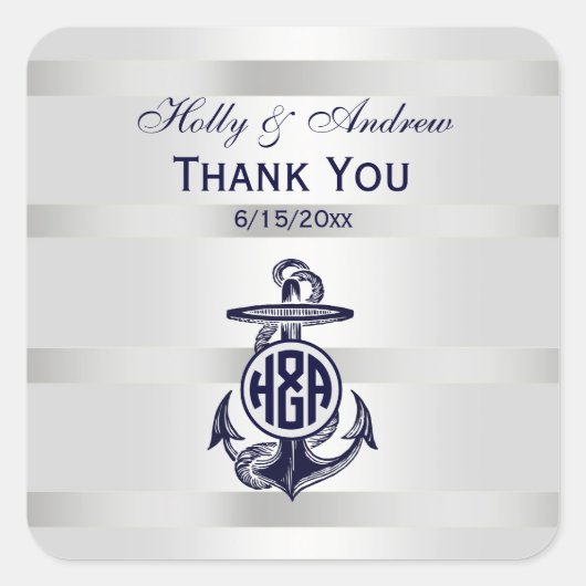 Blaue Ankersilber, weißes Navy Circle Monogram 33 Quadratischer Aufkleber (Vorderseite)