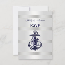 Blaue Ankersilber, weißes Navy Circle Monogram 33 RSVP Karte