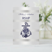 Blaue Ankersilber, weißes Navy Circle Monogram 33 RSVP Karte (Stehend Vorderseite)
