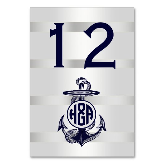 Blaue Ankersilber, weißes Navy Circle Monogram 33 Tischnummer (Vorderseite)