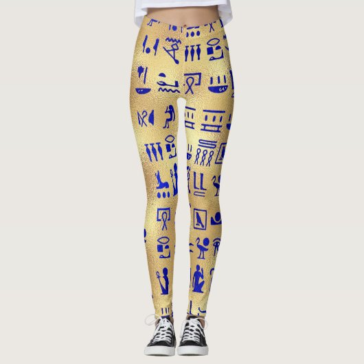 Blaue antike ägyptische Hieroglyphen auf Gold Leggings (Vorderseite)