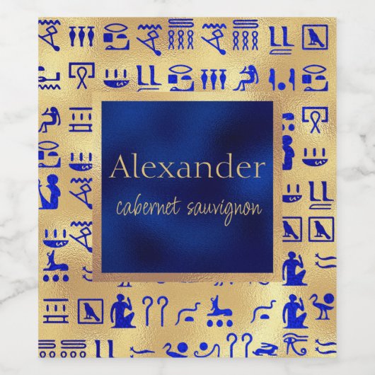 Blaue antike ägyptische Hieroglyphie Kunst, Dichtu Weinetikett (Einzelnes Label)