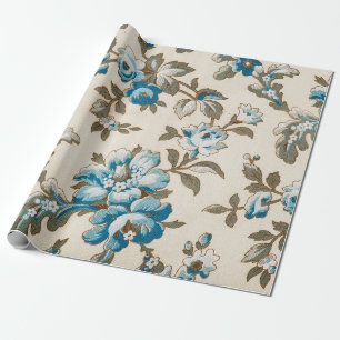 Blaue Antike Blumen Floral Botanisch Beige Geschenkpapier