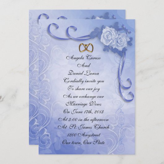 Blaue antike Rose Hochzeit Einladung (Vorne/Hinten)