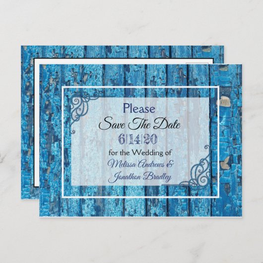 Blaue antike Wettertüre Hochzeit speichern das Dat Ankündigungspostkarte (Vorne/Hinten)