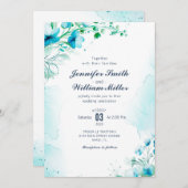 Blaue Aqua-Flora Hochzeit Einladung (Vorne/Hinten)