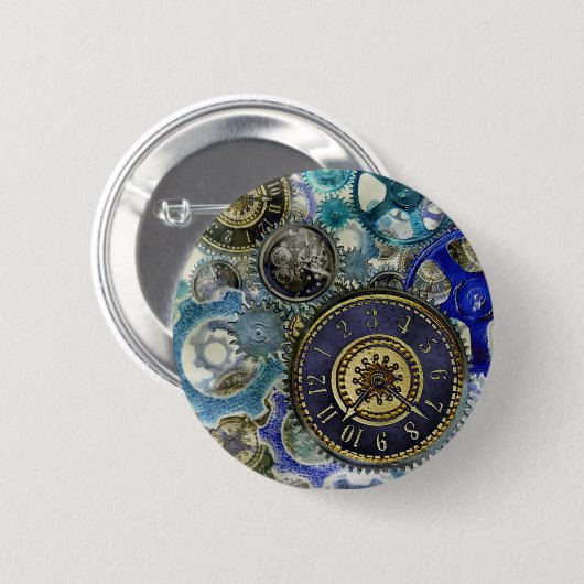 Blaue Aqua-Steampunk-Gänge, Zahnräder, Uhren, Zeit Button (Vorne & Hinten)