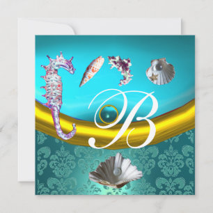 BLAUE AQUAMARIN DAMASTSTRAND HOCHZEITS-MONOGRAMM EINLADUNG