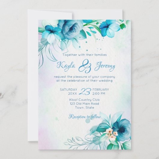 Blaue aquamarine Blume Hochzeit mit Blumen in eine Einladung (Vorderseite)