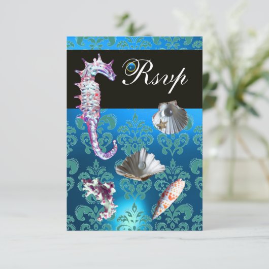 BLAUE AQUAMARINE DAMASK BEACH WEDD UAWG RSVP KARTE (Stehend Vorderseite)