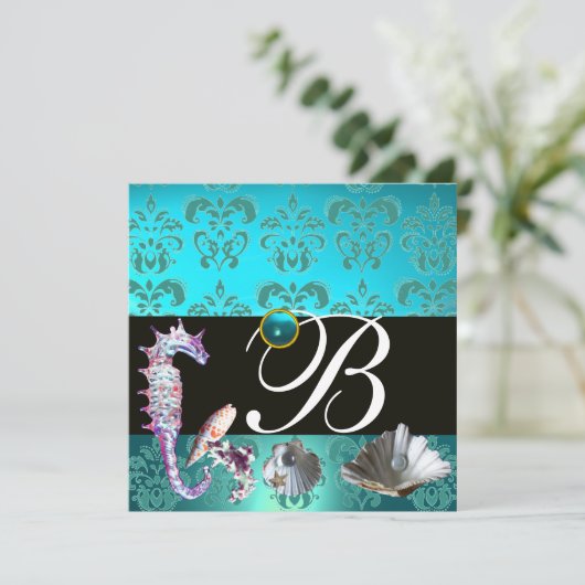 BLAUE AQUAMARINE DAMASK BEACH WEDING MONOGRAM EINLADUNG (Stehend Vorderseite)