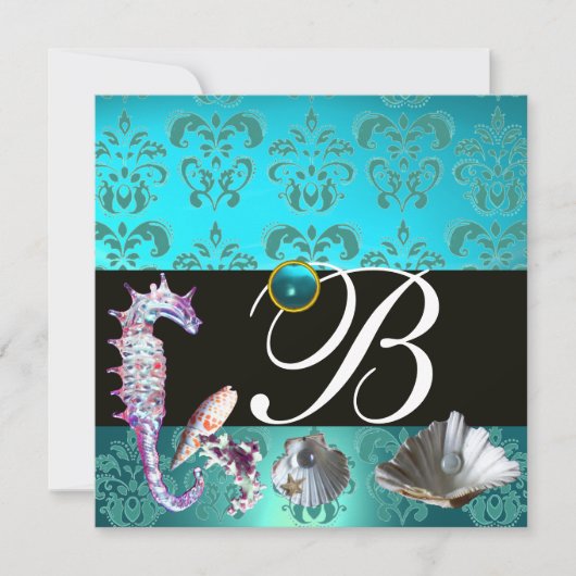 BLAUE AQUAMARINE DAMASK BEACH WEDING MONOGRAM EINLADUNG (Vorderseite)