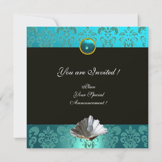 BLAUE AQUAMARINE DAMASK BEACH WEDING MONOGRAM EINLADUNG (Rückseite)