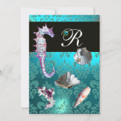 BLAUE AQUAMARINE DAMASK BEACH WEDING MONOGRAM EINLADUNG (Vorderseite)