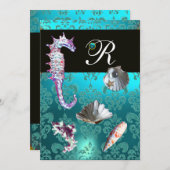 BLAUE AQUAMARINE DAMASK BEACH WEDING MONOGRAM EINLADUNG (Vorne/Hinten)