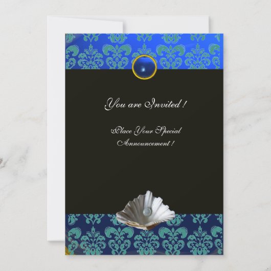 BLAUE AQUAMARINE DAMASK BEACH WEDING MONOGRAM EINLADUNG (Rückseite)