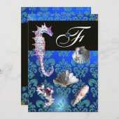 BLAUE AQUAMARINE DAMASK BEACH WEDING MONOGRAM EINLADUNG (Vorne/Hinten)