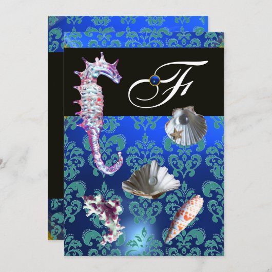 BLAUE AQUAMARINE DAMASK BEACH WEDING MONOGRAM EINLADUNG (Vorne/Hinten)