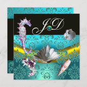 BLAUE AQUAMARINE DAMASK BEACH WEDING MONOGRAM EINLADUNG (Vorne/Hinten)