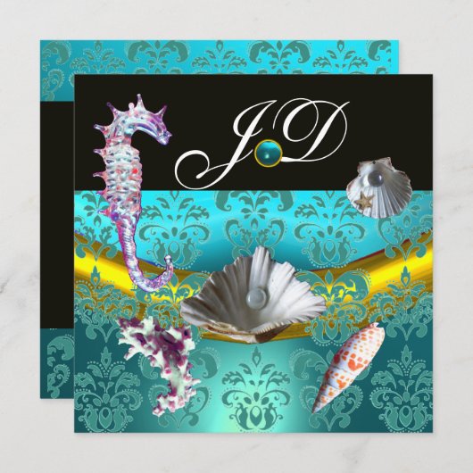 BLAUE AQUAMARINE DAMASK BEACH WEDING MONOGRAM EINLADUNG (Vorne/Hinten)