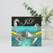 BLAUE AQUAMARINE DAMASK BEACH WEDING MONOGRAM EINLADUNG (Stehend Vorderseite)