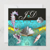 BLAUE AQUAMARINE DAMASK BEACH WEDING MONOGRAM EINLADUNG (Vorderseite)
