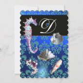 BLAUE AQUAMARINE DAMASK BEACH WEDING MONOGRAM EINLADUNG (Vorderseite)