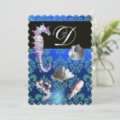 BLAUE AQUAMARINE DAMASK BEACH WEDING MONOGRAM EINLADUNG (Stehend Vorderseite)