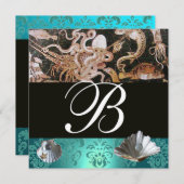BLAUE AQUAMARINE DAMASK BEACH WEDING MONOGRAM EINLADUNG (Vorne/Hinten)