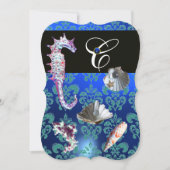 BLAUE AQUAMARINE DAMASK BEACH WEDING MONOGRAM EINLADUNG (Vorderseite)
