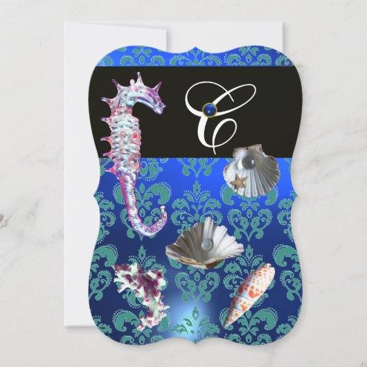 BLAUE AQUAMARINE DAMASK BEACH WEDING MONOGRAM EINLADUNG (Vorderseite)