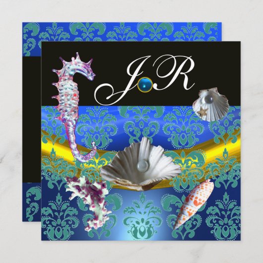 BLAUE AQUAMARINE DAMASK BEACH WEDING MONOGRAM EINLADUNG (Vorne/Hinten)