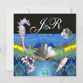BLAUE AQUAMARINE DAMASK BEACH WEDING MONOGRAM EINLADUNG