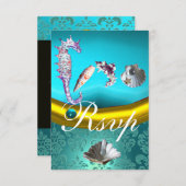 BLAUE AQUAMARINE DAMASK BEACH WEDING MONOGRAM RSVP KARTE (Vorne/Hinten)