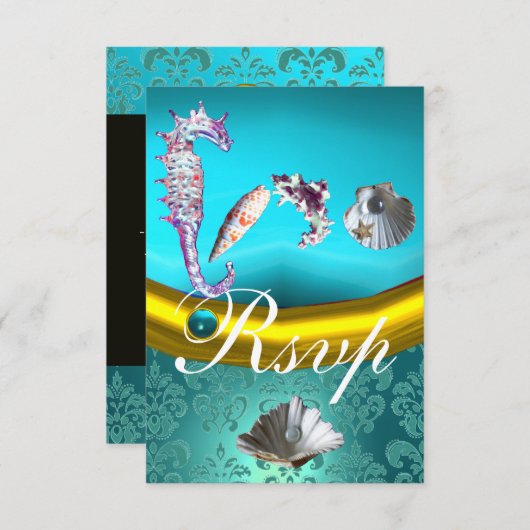 BLAUE AQUAMARINE DAMASK BEACH WEDING MONOGRAM RSVP KARTE (Vorne/Hinten)