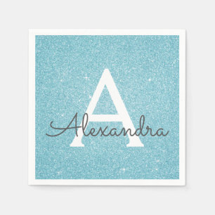 Blaue Aquamarine Glitzer und Sparkle Monogram zum  Serviette