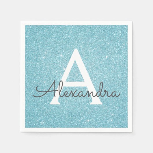 Blaue Aquamarine Glitzer und Sparkle Monogram zum Serviette (Vorderseite)