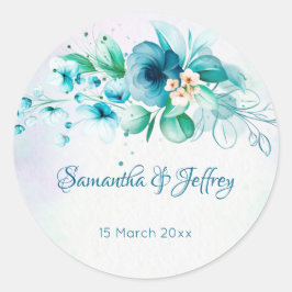 Blaue aquamarine grüne Blume Blumenstrauß Runder Aufkleber