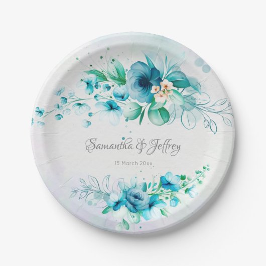 Blaue aquamarine grüne Blume Pappteller (Vorderseite)
