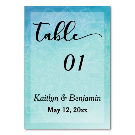 Blaue/Aquamarine Mandala Watercolor Hochzeitsstimm Tischnummer (Vorderseite)