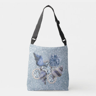 Blaue Aquamarine Muscheln & Juwelen Faux Glitter Tragetaschen Mit Langen Trägern