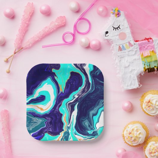 Blaue Aquamarine Ozeane Wirbel Marmorflüssiges Kun Pappteller (Party)