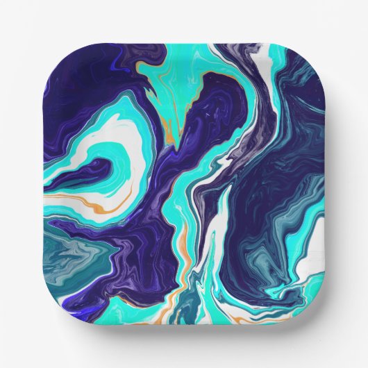 Blaue Aquamarine Ozeane Wirbel Marmorflüssiges Kun Pappteller (Vorderseite)