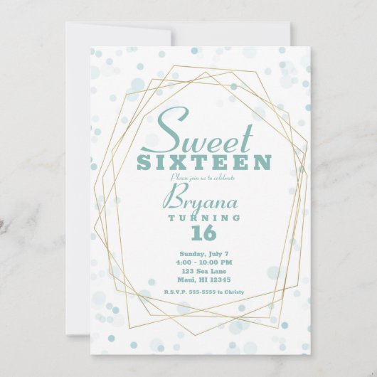 Blaue Aquamarine Punkte & geometrische Goldene Mod Einladung (Vorderseite)