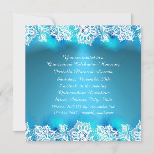 Blaue Aquamarine Spitze und silberne Rahmen Quince Einladung (Rückseite)