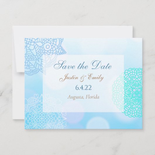 Blaue, Aquamarine und weiße Mandala Save the Date  Einladung (Vorderseite)